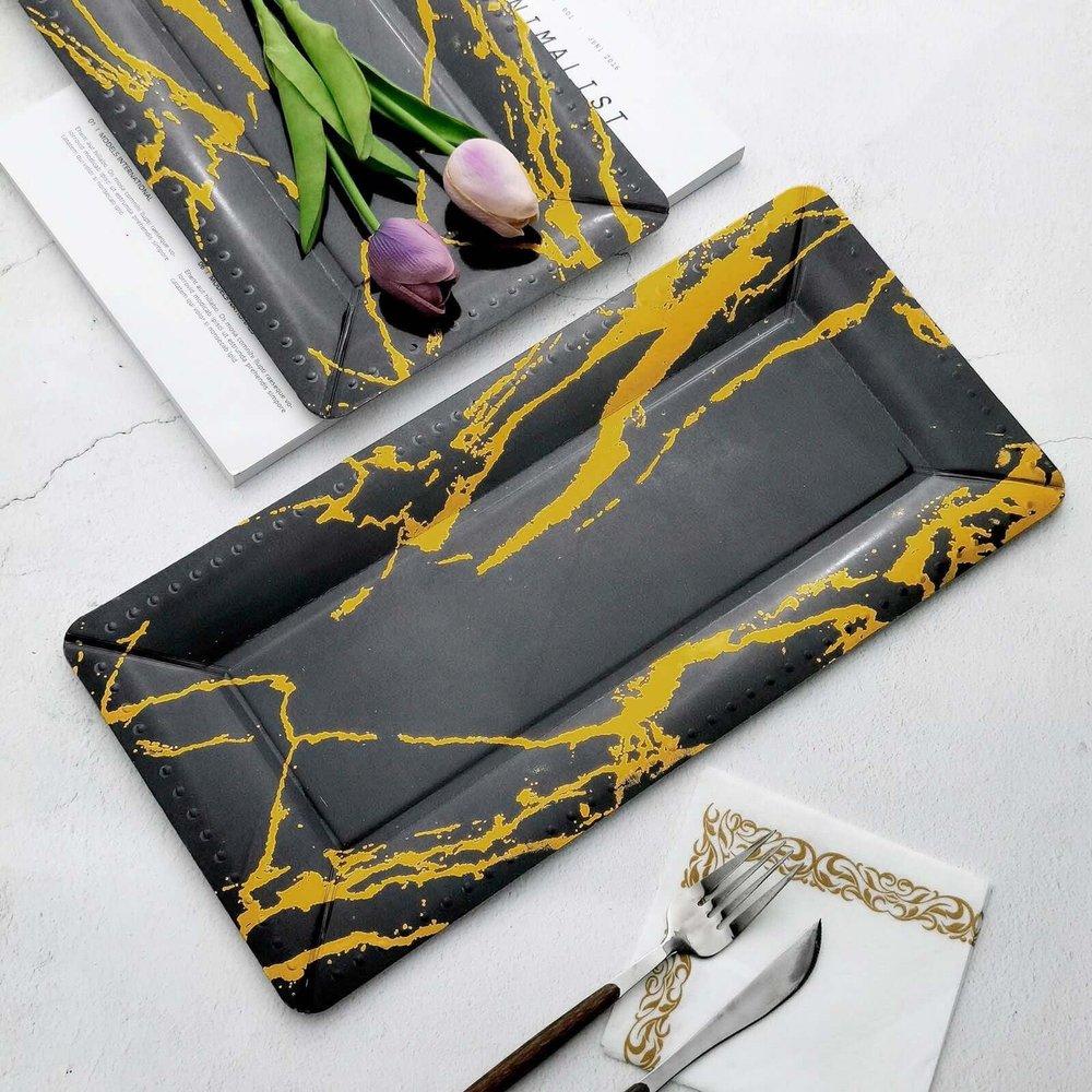 Efavormart 10-Pack 16"x8" Black and Gold Foil Rectangle Serving Trays - 1100 GSM Ultra-Rigid Cardboard Platters for Large Charcuterie and Catering