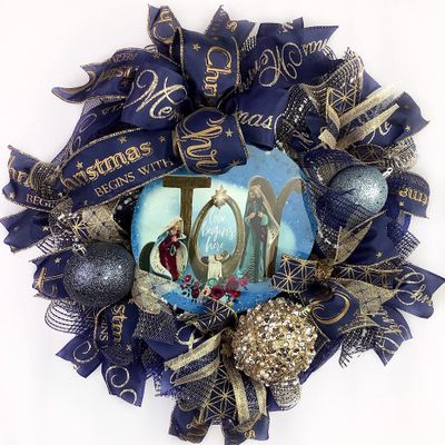 Christmas Nativity Christmas Wreath, Baby Jesus in a Manger, Beautiful Ball Ornaments,Bow, Navy Blue & Gold Christmas Decorations