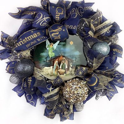 Christmas Nativity Christmas Wreath, Baby Jesus in a Manger, Beautiful Ball Ornaments, Bow, Navy Blue & Gold Christmas Decorations