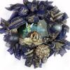 Christmas Nativity Christmas Wreath, Baby Jesus in a Manger, Beautiful Ball Ornaments, Bow, Navy Blue & Gold Christmas Decorations view 1