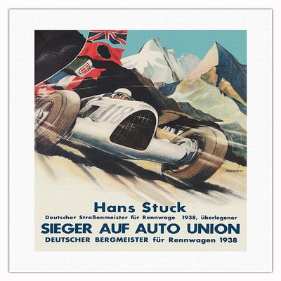 1938 German Grand Prix - Hans Stuck Race Driver - Sieger AUF Auto Union - Vintage Car Racing Poster by Klokien - Fine Art Rolled Canvas Print 16in x 20in