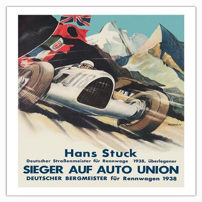 1938 German Grand Prix - Hans Stuck Race Driver - Sieger AUF Auto Union - Vintage Car Racing Poster by Klokien - Bamboo Fine Art 290gsm Paper Print (Unframed) 24x32in