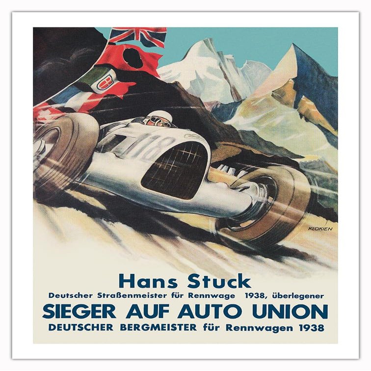 1938 German Grand Prix - Hans Stuck Race Driver - Sieger AUF Auto Union - Vintage Car Racing Poster by Klokien - Bamboo Fine Art 290gsm Paper Print (Unframed) 24x32in