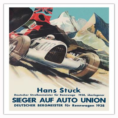 1938 German Grand Prix - Hans Stuck Race Driver - Sieger AUF Auto Union - Vintage Car Racing Poster by Klokien - Fine Art Matte Paper Print (Unframed) 30x44in
