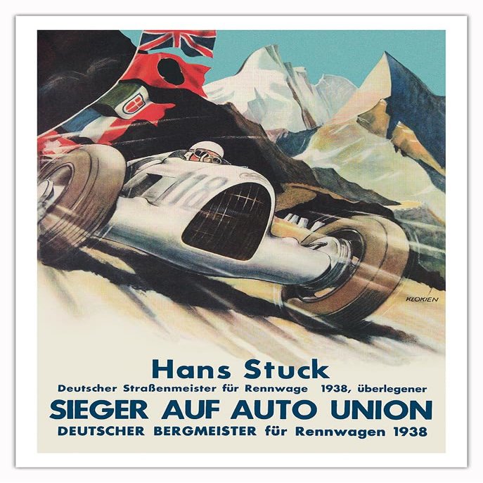 1938 German Grand Prix - Hans Stuck Race Driver - Sieger AUF Auto Union - Vintage Car Racing Poster by Klokien - Fine Art Matte Paper Print (Unframed) 30x44in
