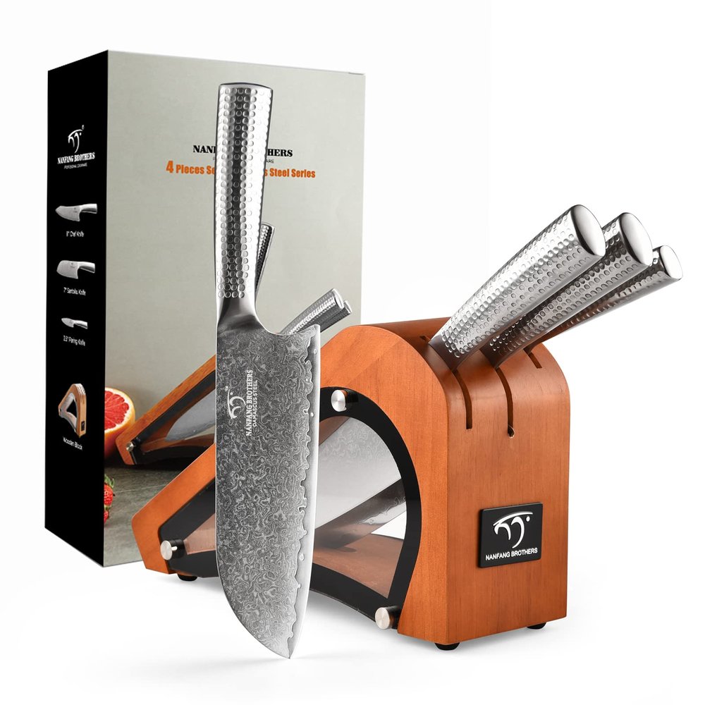 Damascus Steel Knife Set With Block - 3-Piece Kitchen Set Includes Chef, Santoku, Paring Knife - Stain & Rust Resistant