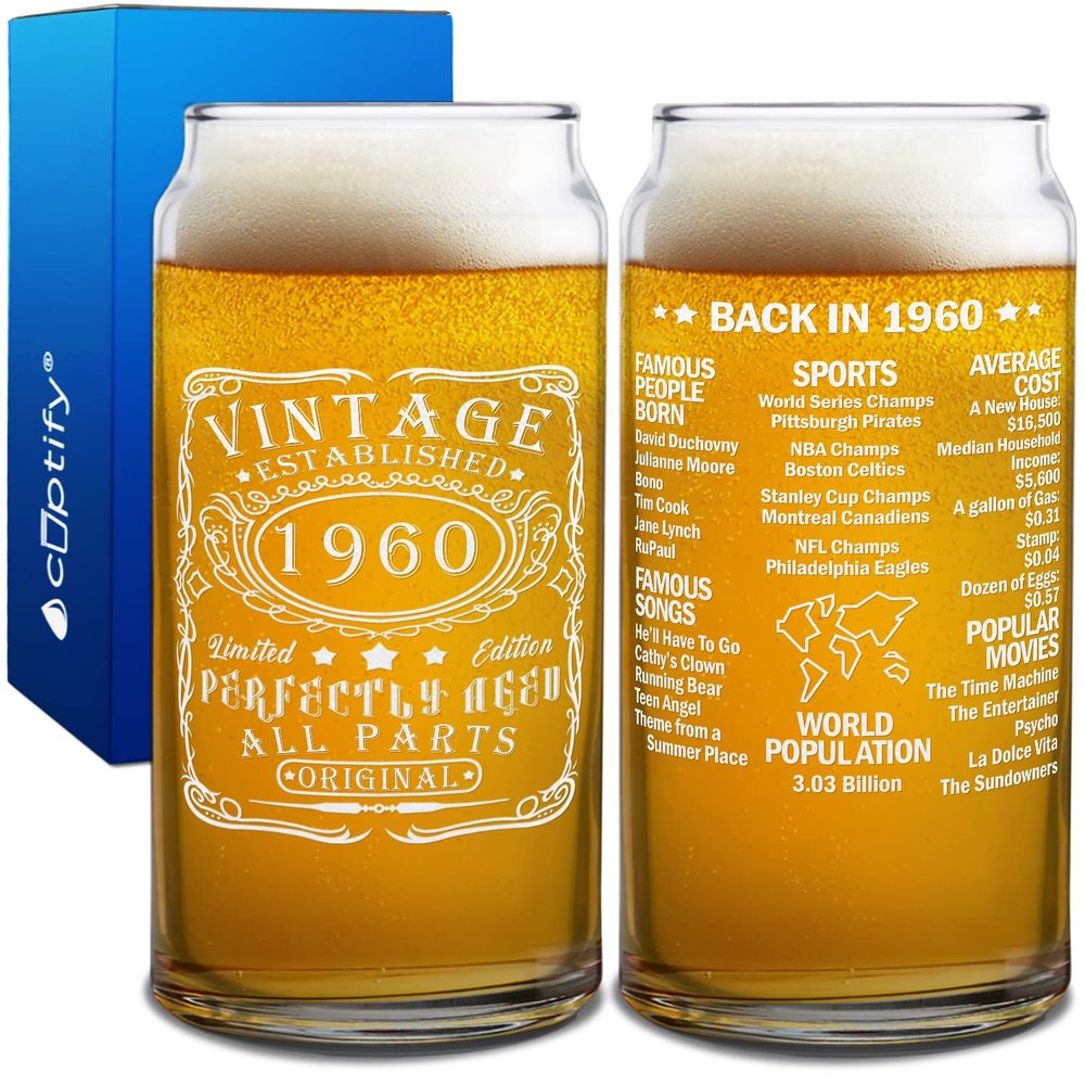 Cuptify 66th Birthday Perfectly Aged 66 Years Old Established 1960 Vintage Etched 20 oz Beer Can Drinking Glasses For Men