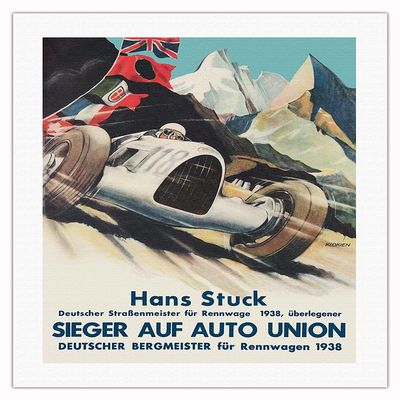 1938 German Grand Prix - Hans Stuck Race Driver - Sieger AUF Auto Union - Vintage Car Racing Poster by Klokien - Fine Art Rolled Canvas Print 20in x 26in