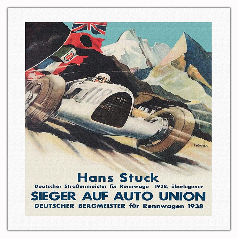 1938 German Grand Prix - Hans Stuck Race Driver - Sieger AUF Auto Union - Vintage Car Racing Poster by Klokien - Fine Art Rolled Canvas Print 20in x 26in