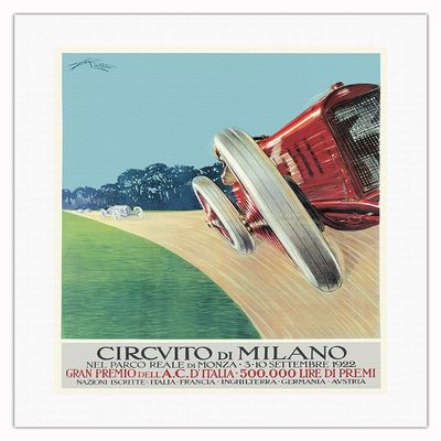 1922 Italian Grand Prix at Monza Race Track - Milan Italy - Vintage Car Racing Poster by Aldo Mazza - Fine Art Rolled Canvas Print 16in x 20in