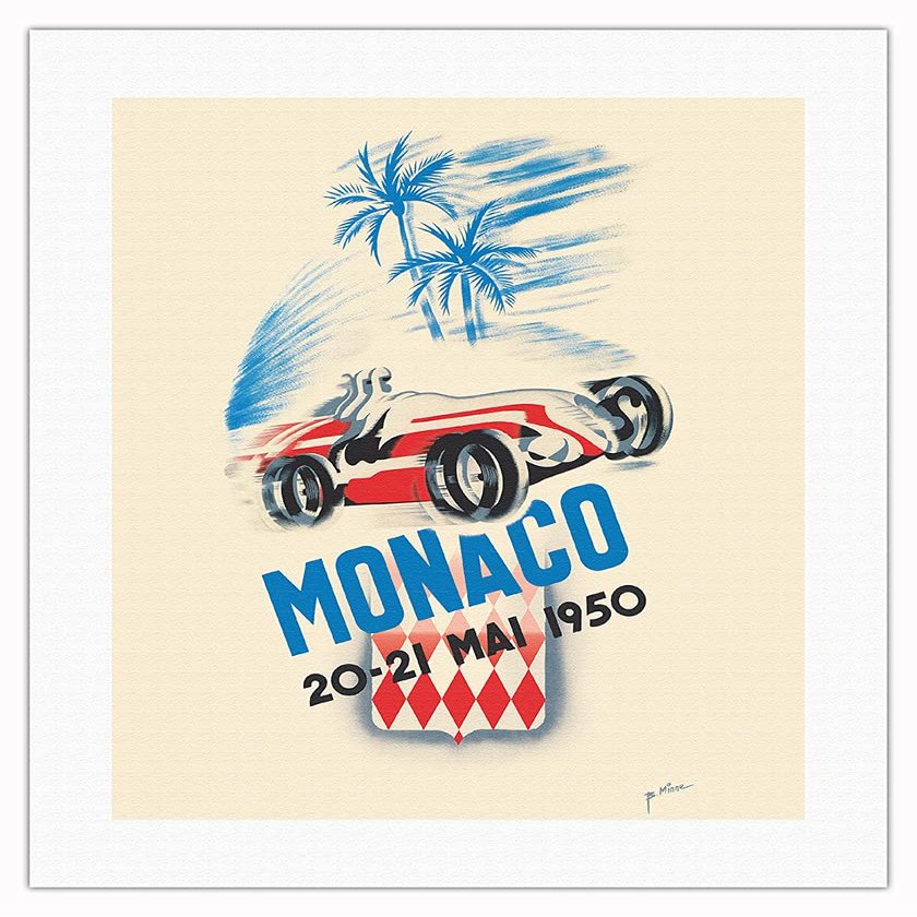 1950 Monaco Grand Prix - Vintage Car Racing Poster by B. Minne - Fine Art Rolled Canvas Print 16in x 20in