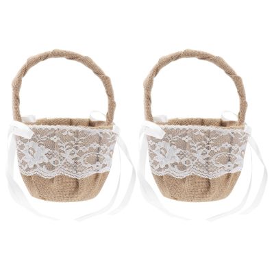 Burlap Flower Basket Vintage Retro Lace Bow Wedding Flower Girl Basket for Rustic Style Wedding Decoration