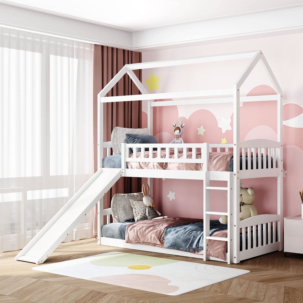 XIONGGG House Bunk Bed with Slide, Twin Over Twin Wood Bunk Bed Frame with Guardrail/Ladder, Sweet Gift for Toddlers Kids Boys Girls (White-S)