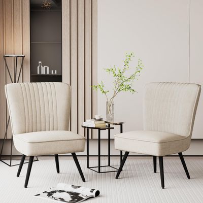 Alunaune Accent Chair Set of 2 Upholstered Living Room Chairs Modern Bedroom Furniture Sets Armless Slipper Club Chair Guest Reception Couch Comfy Wingback Single Sofa-Ivory