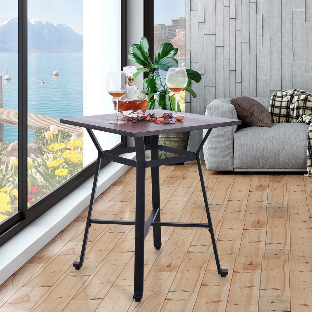 ALPHA HOME Bar Table Height Pub Table Modern Square Solid Wood Bistro Kitchen Cafe Dining Easy Assemble Top Table Sturdy Metal Frame Indoor,Brown.