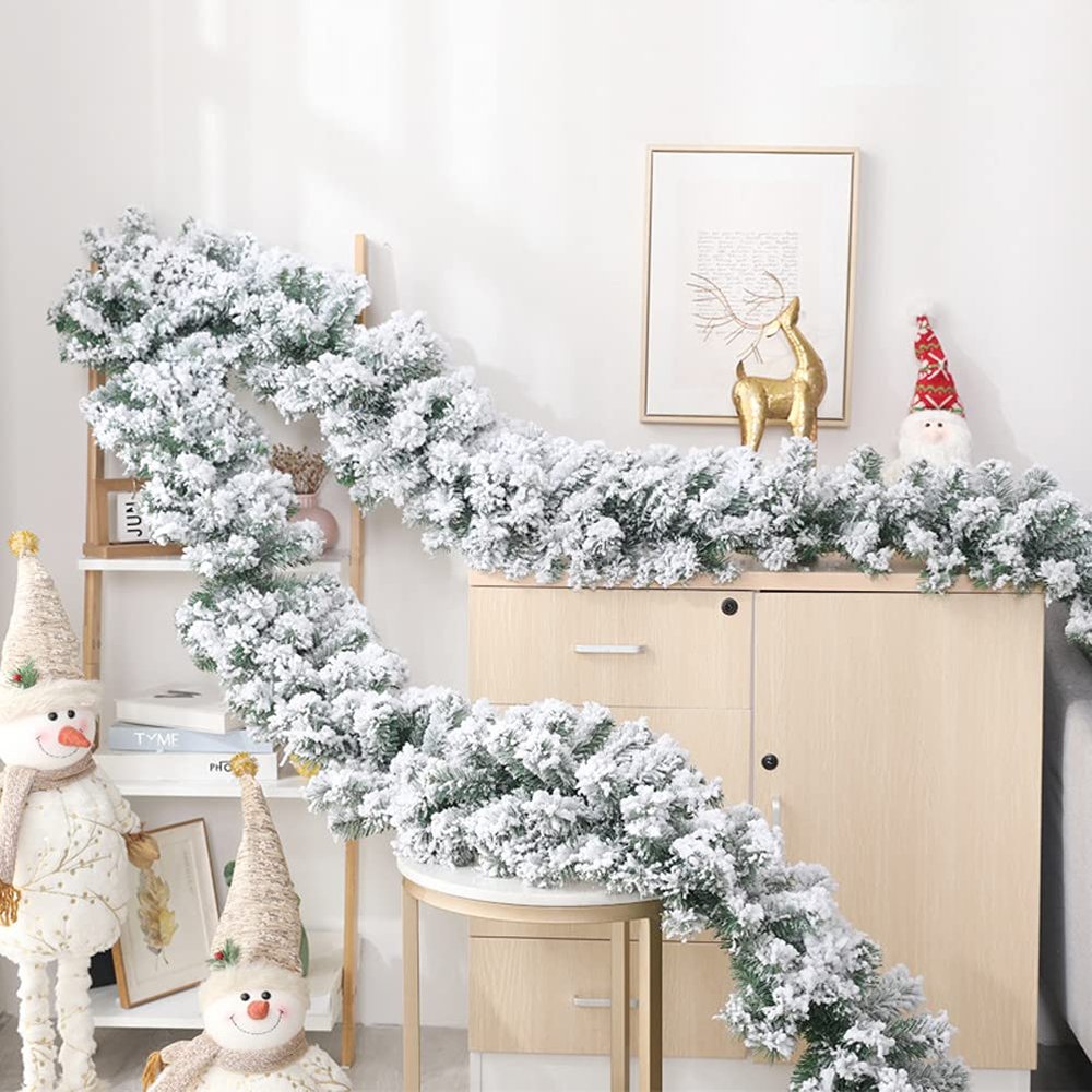 Hzemci 9Ft Christmas Fireplace Garland Flocked Fir Christmas Garland Christmas Decorations for Xmas Tree Stairs Fireplaces Wall Door