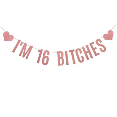 I'M 16 BITCHES Banner,Pre-strung, No Assembly Required, 16th Birthday Party Decorations,Rose Gold Glitter Paper Garlands Backdrops, Letters Rose Gold Betteryanzi