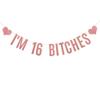 I'M 16 BITCHES Banner,Pre-strung, No Assembly Required, 16th Birthday Party Decorations,Rose Gold Glitter Paper Garlands Backdrops, Letters Rose Gold Betteryanzi view 1
