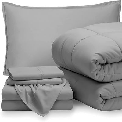 7 PC Best Bedding Set-100% Egyptian Cotton-600 TC Light Grey/Light Grey | Twin/Twin XL Bed in A Bag-1 Box Stitched Comforter with 4 PC Sheet Set & 2 Pillow Shams (15" Deep Pockets) Premium Bed Set