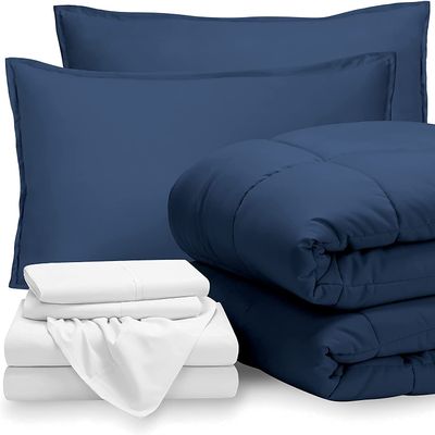 7 PC Best Bedding Set-100% Egyptian Cotton-600 TC White/Royal Blue | Queen/Full Bed in A Bag-1 Box Stitched Comforter with 4 PC Sheet Set & 2 Pillow Shams (15" Deep Pockets) Premium Bed Set