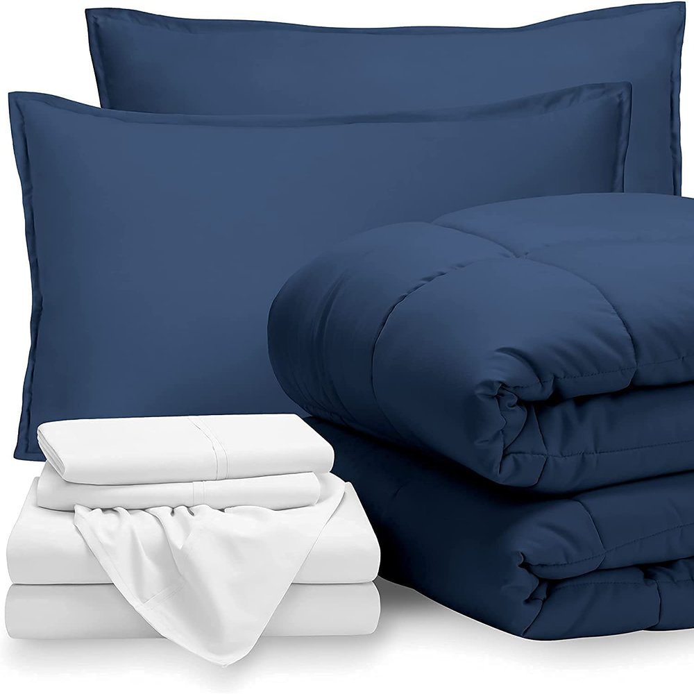 7 PC Best Bedding Set-100% Egyptian Cotton-600 TC White/Royal Blue | Queen/Full Bed in A Bag-1 Box Stitched Comforter with 4 PC Sheet Set & 2 Pillow Shams (15" Deep Pockets) Premium Bed Set