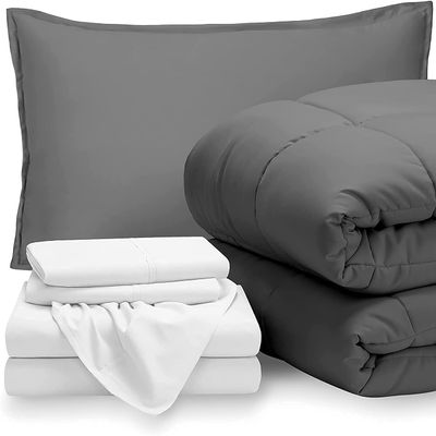 7 PC Best Bedding Set-100% Egyptian Cotton-600 TC White/Grey | Oversized Queen Bed in A Bag-1 Box Stitched Comforter with 4 PC Sheet Set & 2 Pillow Shams (15" Deep Pockets) Premium Bed Set