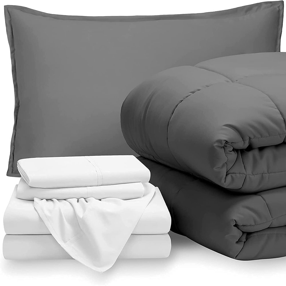 7 PC Best Bedding Set-100% Egyptian Cotton-600 TC White/Grey | Oversized Queen Bed in A Bag-1 Box Stitched Comforter with 4 PC Sheet Set & 2 Pillow Shams (15" Deep Pockets) Premium Bed Set
