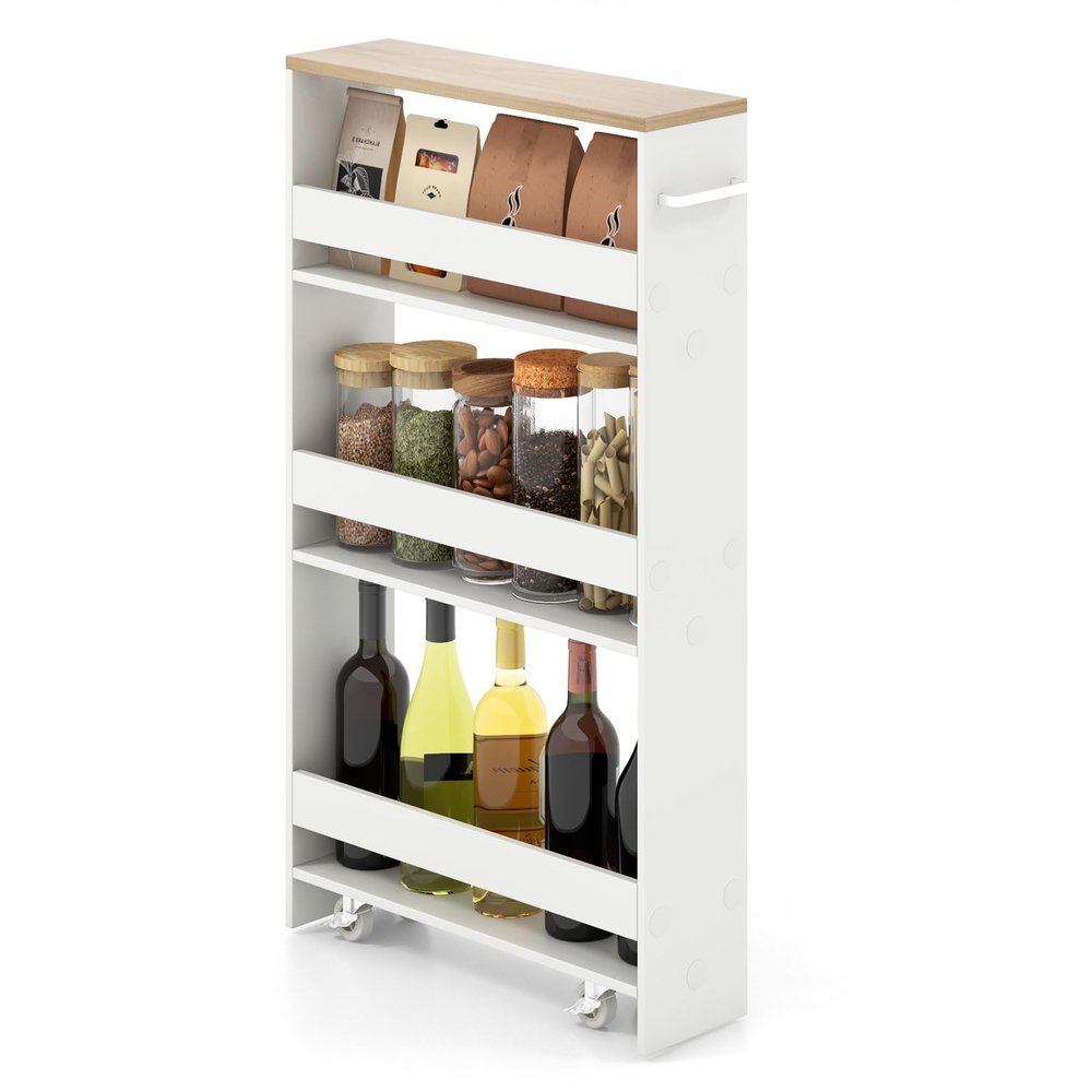 Giantex 4 Tier Rolling Slim Storage Cart, 5" Narrow Slide Out Kitchen Cart w/Handle & Open Shelves, Space-Saving Compact Mobile Utility Trolley for Small Space Laundry Room (White & Natural)