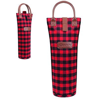 opux Wine Bag Single Bottle Carrier Tote, Insulated Travel Wine Cooler Bag for Picnic Beach Gift, Thermal Padded Portable One Bottle Holder Carrying Case for Women Men Wine Lovers, Plaid Buffalo Red