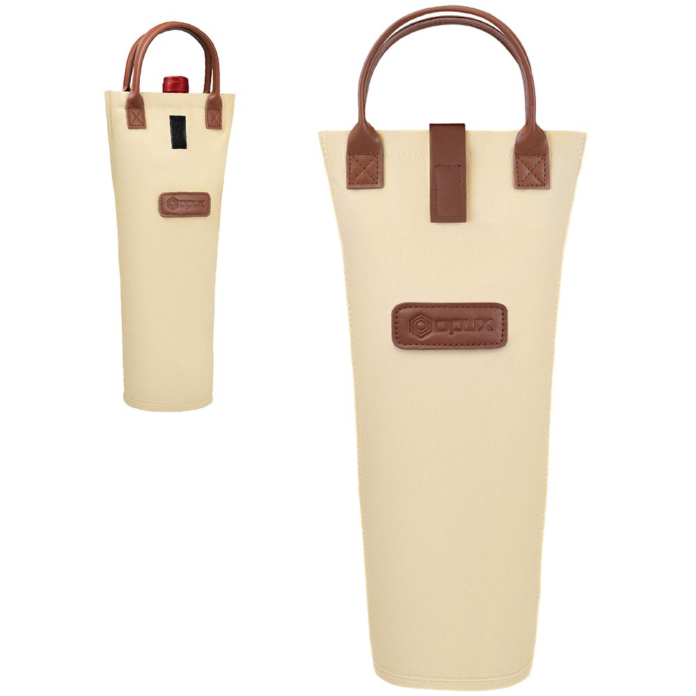 opux Wine Bag Single Bottle Carrier Tote, Insulated Travel Wine Cooler Bag for Picnic Beach Gift, Thermal Padded Portable One Bottle Holder Carrying Case for Women Men Wine Lovers, Cream Beige