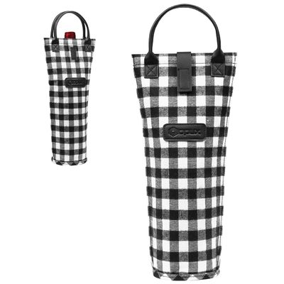 OPUX Wine Bag Single Bottle Carrier Tote, Insulated Travel Wine Cooler Bag for Picnic Beach Gift, Thermal Padded Portable One Bottle Holder Carrying Case for Women Men Wine Lovers, Plaid Buffalo White