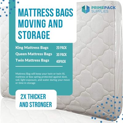 Prime Pack Supplies Mattress Bags made of polyethylene plastic 2X thicker for moving, storage and protection of Twin size bedding 40 Pack (92"X39"X10")