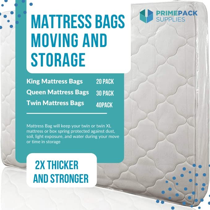 Prime Pack Supplies Mattress Bags made of polyethylene plastic 2X thicker for moving, storage and protection of Twin size bedding 40 Pack (92"X39"X10")