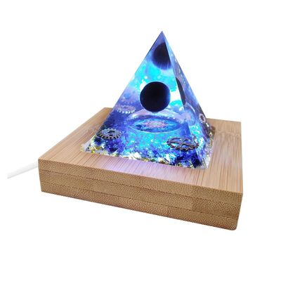 TYZK Meditation Orgone Pyramid Crystals Orgone Pyramid w/LED Light Wooden Base Blue Crystal Home Decor