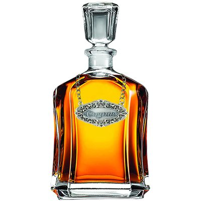 Heritage Pewter Cognac Capitol Decanter with Liquor Label | 25 OZ Glass Liquor Decanter with Airtight Stopper | Expertly Crafted Pewter Glass