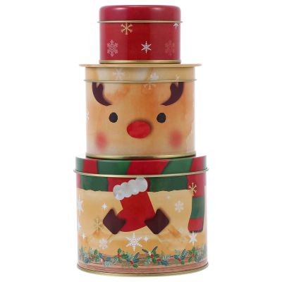 Angoily Christmas Cookie Tins Set of 3 Metal Christmas Tin Container With Lids for Giving Round Nesting Box Decorative Candy for Xmas Holiday Party (Elk)