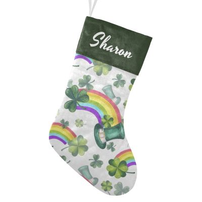 CUXWEOT Personalized Green Shamrock Rainbow Christmas Stocking Customize Name Decor for Xmas Tree Fireplace Hanging Party 17.52 x 7.87 Inch