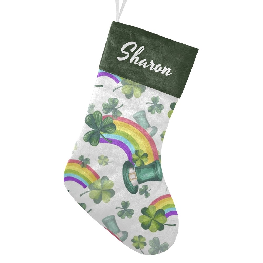 CUXWEOT Personalized Green Shamrock Rainbow Christmas Stocking Customize Name Decor for Xmas Tree Fireplace Hanging Party 17.52 x 7.87 Inch