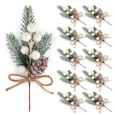 ELECLAND 10 Pcs Christmas Picks Decorations Artificial Pine Branches Stems Spray with Pine Cones Faux Pine Picks Red Berry Holly Leaves for Craft Floral Christmas Wreath Picks Ornaments, White