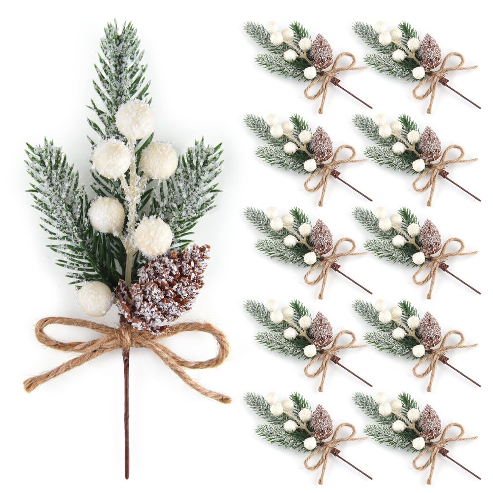 ELECLAND 10 Pcs Christmas Picks Decorations Artificial Pine Branches Stems Spray with Pine Cones Faux Pine Picks Red Berry Holly Leaves for Craft Floral Christmas Wreath Picks Ornaments, White