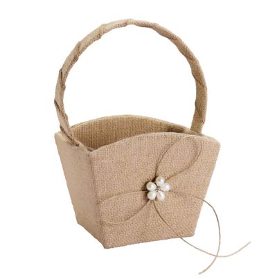 Burlap Flower Girl Baskets Wedding Pearl Flower Girl Basket with Lace Bowknot for Vintage Rustic Wedding Ceremony