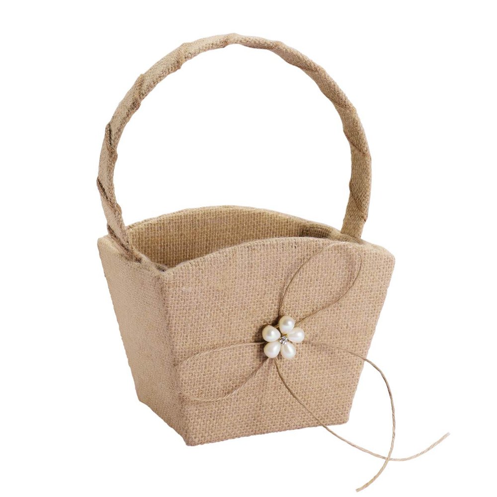 Burlap Flower Girl Baskets Wedding Pearl Flower Girl Basket with Lace Bowknot for Vintage Rustic Wedding Ceremony