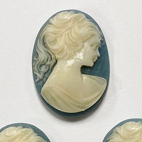 6 Vintage Blue Resin Lady Pony Tail Head 30x22mm. Oval Cameos W91