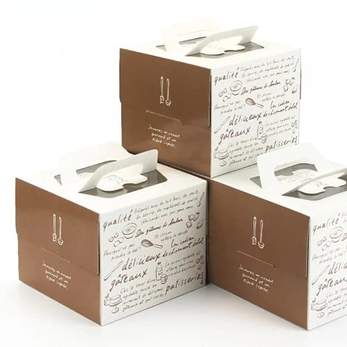 Crysdaralovebi 10pcs Khaki 4 Inch Cake Box Transparent Open Window Portable Puff Biscuits Chocolate Baking Packaging Carton Birthday (Khaki,15x15x12cm)