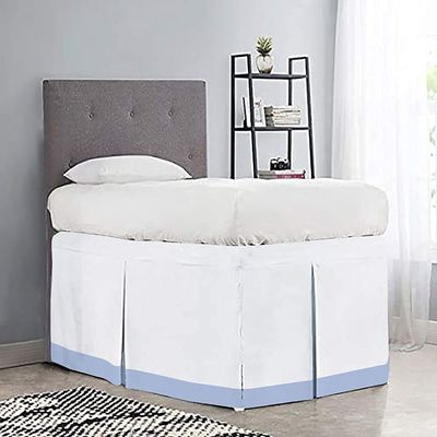 100% Egyptian Cotton, 800 Thread Count, White/Light Blue Split Corner Two Tone Tailored Dorm Room Bed Skirt with Three Side Coverage - Twin XL Size (39" x 80"+ 36" inch)