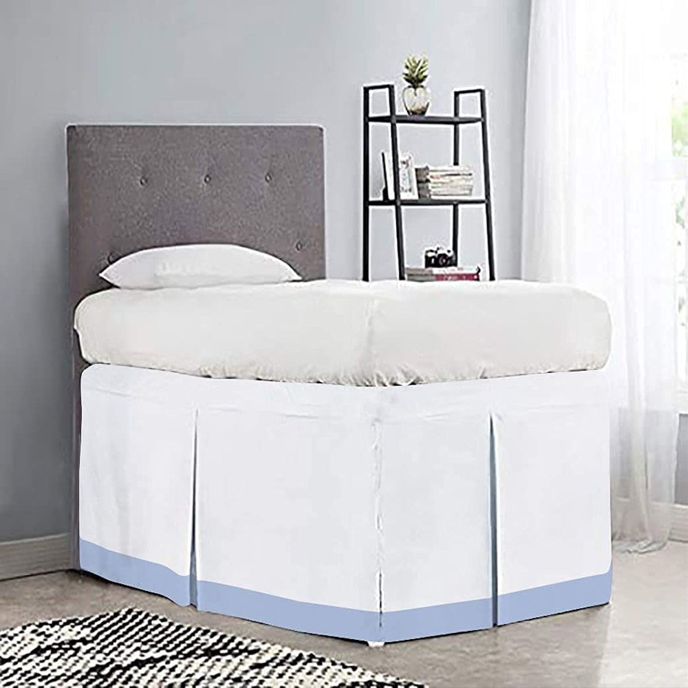 100% Egyptian Cotton, 800 Thread Count, White/Light Blue Split Corner Two Tone Tailored Dorm Room Bed Skirt with Three Side Coverage - Twin XL Size (39" x 80"+ 36" inch)