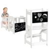 Qaba Kids Kitchen Step Stool, 2 in 1 Kitchen Table Set Toddler Standing Tower with Chalkboard, Safety Rail for Kitchen, Bathroom, Bedroom, White view 1