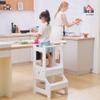 Qaba Kids Kitchen Step Stool, 2 in 1 Kitchen Table Set Toddler Standing Tower with Chalkboard, Safety Rail for Kitchen, Bathroom, Bedroom, White view 2