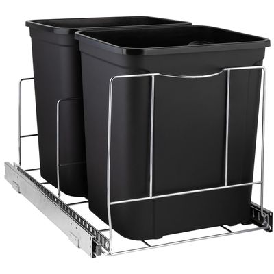 Double Pull-Out Trash Can for Cabinet - Set of Two 9 Gal / 36 qt Supported  Heavy-Duty Chrome, Smooth Slide with Trash Bag Storage - Requires 21.75" Cabinet Opening (Bin Not Included)