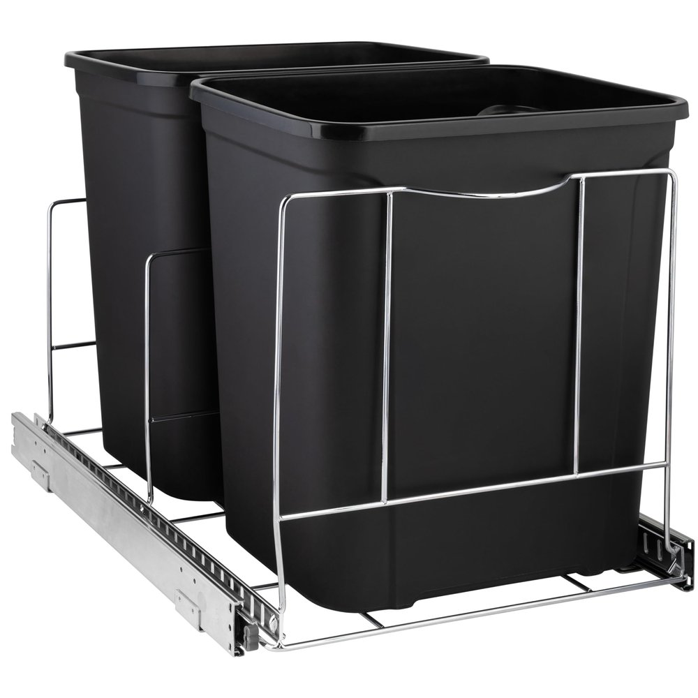 Double Pull-Out Trash Can for Cabinet - Set of Two 9 Gal / 36 qt Supported  Heavy-Duty Chrome, Smooth Slide with Trash Bag Storage - Requires 21.75" Cabinet Opening (Bin Not Included)